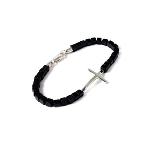 Bracelet croix homme en argent massif et perles d'onyx noir fabriqué en France