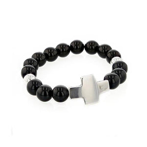 Bracelet homme croix en argent massif artisanal et perles d'onyx noires pour cadeau | Pelote de porcelaine