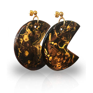 Grandes boucles d'oreilles dorées pour femme en porcelaine noire et fermoir en gold-filled 14K