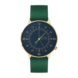 Montre 12h bleue et or avec 1 aiguille et un bracelet en cuir vert pour homme et femme