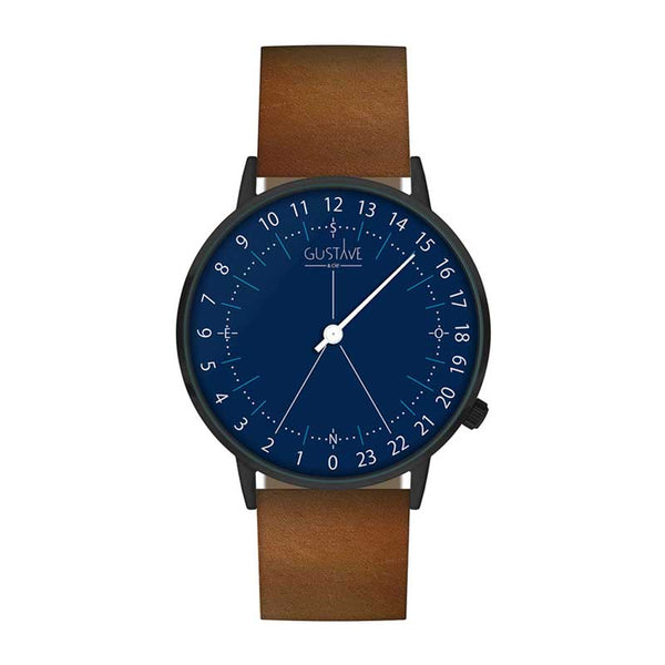 Montre mono-aiguille 24h avec un cadran bleu minimaliste et un bracelet en cuir marron pour homme et pour femme